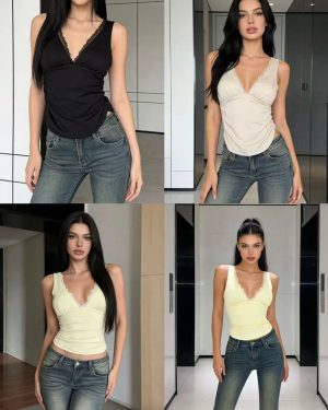 0585640 blusa fruncida borde de encaje